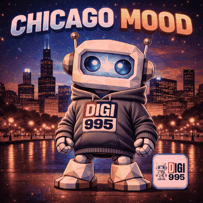 A Robot Wearing A Digi 995 Hoodie Stands In Front Of A City GIF