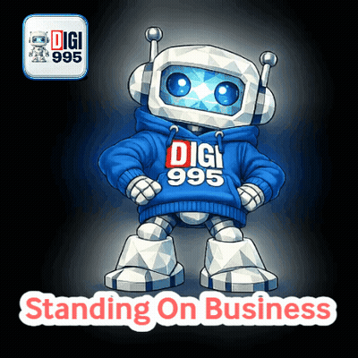 A Robot Wearing A Digi 995 Hoodie Stands On Business GIF