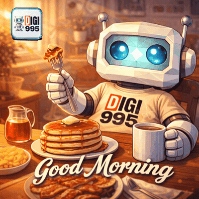 A Robot Wearing A Digi 995 Shirt Is Eating Pancakes And Holding A Fork GIF