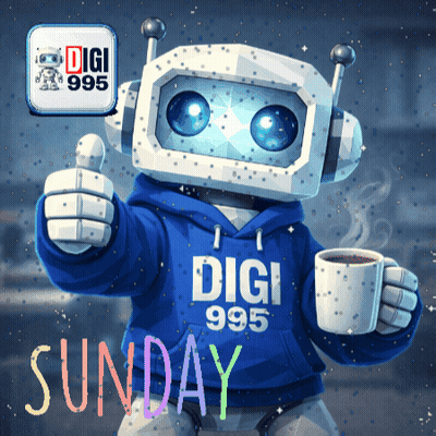 A Robot Wearing A Digi 995 Sweatshirt Holds A Cup Of Coffee And Gives A Thumbs Up GIF
