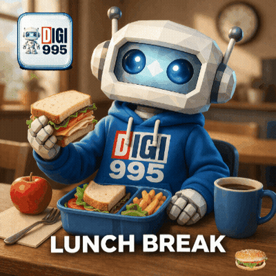 A Robot Wearing A Digi 995 Sweatshirt Holds A Sandwich GIF