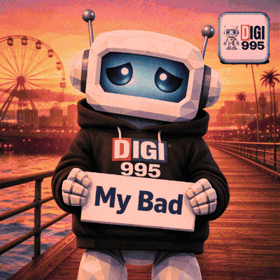 a robot wearing a digi 995 sweatshirt holds a sign that says my bad