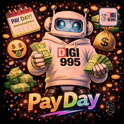 A Robot Wearing A Digi 995 Sweatshirt Is Holding Money GIF