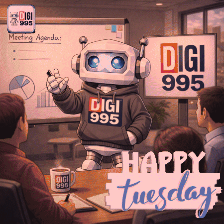 Robot Wearing Digi 995 Sweatshirt In Front Of Group GIF