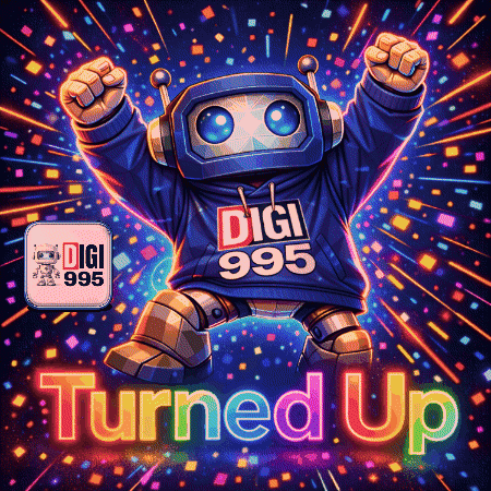A Robot Wearing A Hoodie That Says Digi 995 GIF