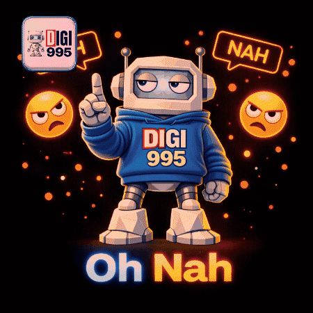 A Robot Wearing A Purple Hoodie That Says Digi 995 On It GIF
