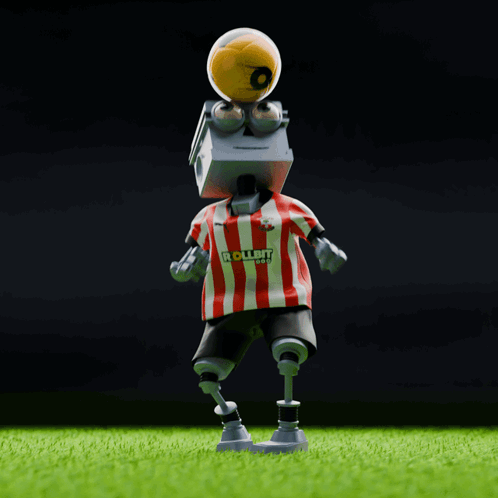 A Robot Wearing A Red And White Striped Shirt That Says Rollbit On It GIF