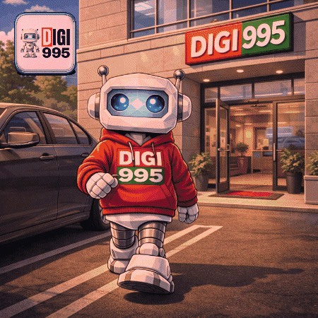 A Robot Wearing A Red Digi 995 Hoodie Walks In Front Of A Digi 995 Building GIF