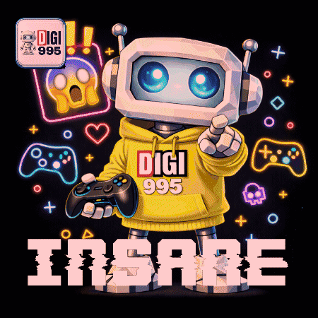 A Robot Wearing A Yellow Hoodie That Says Digi 995 Is Holding A Game Controller GIF