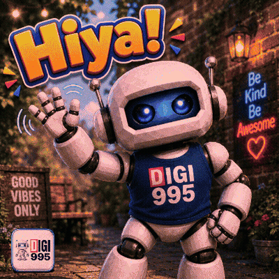 A Robot Wearing Headphones And A Blue Shirt That Says Digi 995 GIF