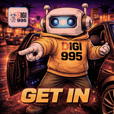 A Robot Wearing Headphones And A Hoodie That Says Digi 995 Get In GIF