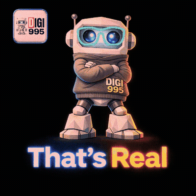 A Robot Wearing Headphones And A Sweater That Says Digi On It GIF