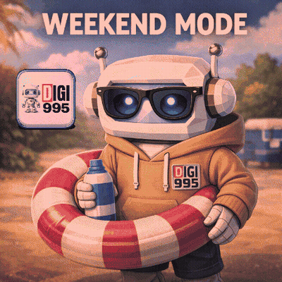 A Robot Wearing Sunglasses And Headphones Is Holding A Life Preserver And A Bottle Of Water With The Words Weekend Mode  GIF