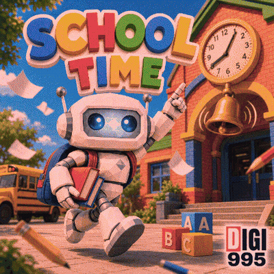 A Robot With A Backpack And Books Is In Front Of A School With The Words School Time Written Above It GIF