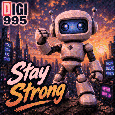 A Robot With A Fist In The Air Is On A Poster That Says Digi 995 GIF