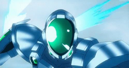 A Robot With A Green Helmet Is Flying Through The Air In A Cartoon . GIF