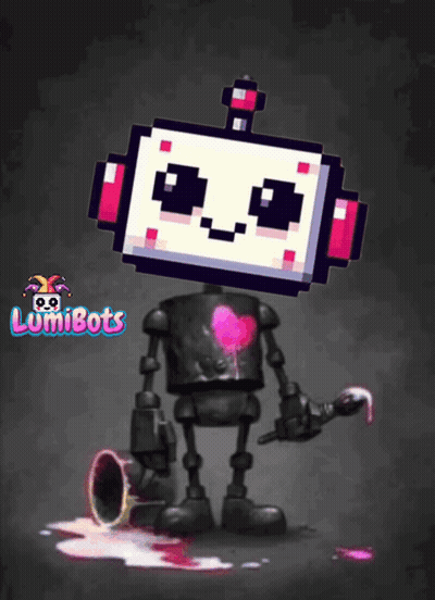 A Robot With A Heart Painted On Its Chest And The Word Lumibots On The Bottom GIF