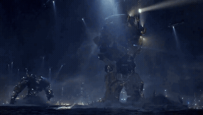 A Robot With A Helmet On Is Standing In The Water GIF