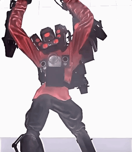 A Robot With A Red Jacket And Black Pants Is Holding A Gun GIF