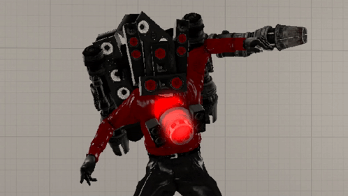 A Robot With A Red Light On His Chest Is Holding A Gun GIF