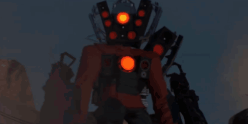 A Robot With A Red Light On Its Head Is Standing In The Desert At Night . GIF