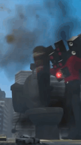 A Robot With A Red Light On Its Head Stands In Front Of A Building GIF