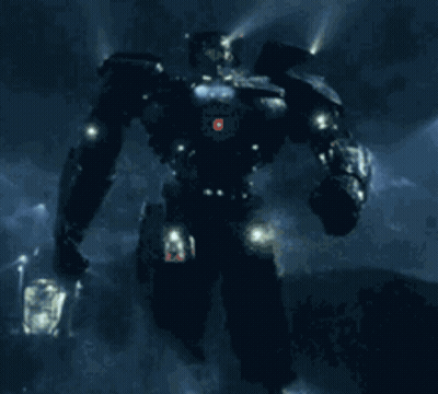 A Robot With A Red Light On Its Head Stands In The Dark GIF