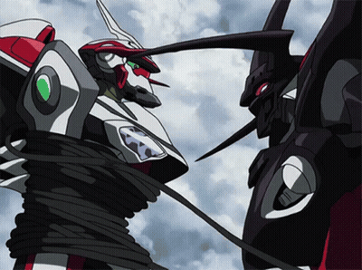A Robot With A Rope Around It 'S Neck Stands Next To Another Robot GIF