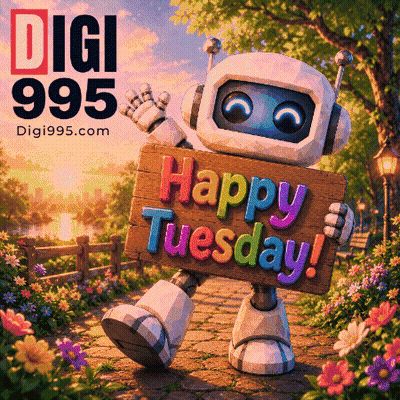A Robot With A Sign That Says Happy Tuesday GIF
