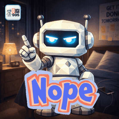 A Robot With A Sign That Says Nope In Front Of It GIF