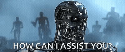 A Robot With A Skull On It Says `` How Can I Assist You '' . GIF