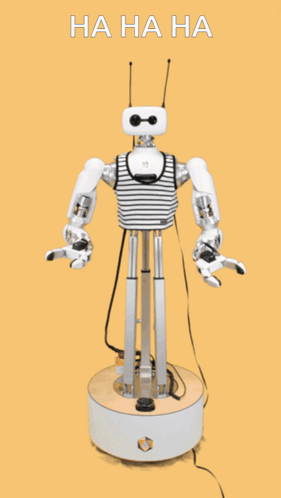 A Robot With A Striped Shirt On Is Standing In Front Of A Yellow Background That Says Ha Ha Ha GIF