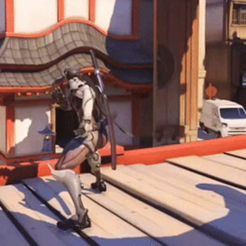 A Robot With A Sword Is Standing On A Wooden Deck GIF