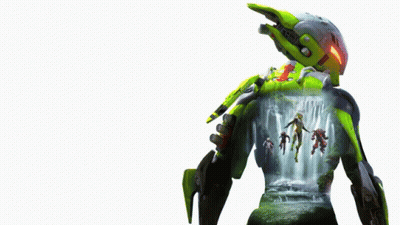 A Robot With A Waterfall In The Background And The Word Anthem On The Back GIF