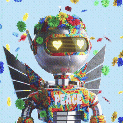 A Robot With Flowers On It 'S Head And The Word Peace On Its Chest GIF