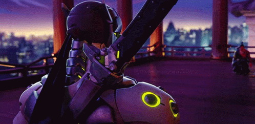 A Robot With Glowing Eyes Is Holding A Sword In Front Of A City GIF
