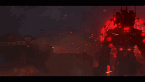 A Robot With Glowing Red Eyes Is Standing In The Dark GIF