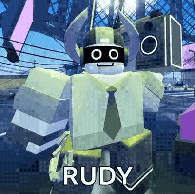 A Robot With Headphones And A Tie Named Rudy GIF