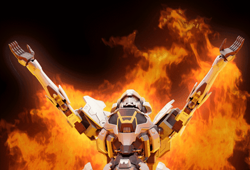 A Robot With Its Arms Outstretched In Front Of Fire GIF