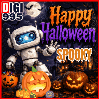 A Robot With Pumpkins And The Words Happy Halloween Spooky On It GIF
