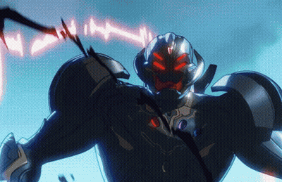 A Robot With Red Eyes And A Sword In His Hand GIF