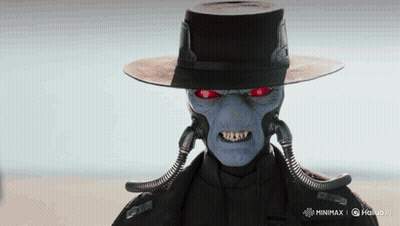 A Robot With Red Eyes Is Wearing A Black Hat And A Black Coat GIF