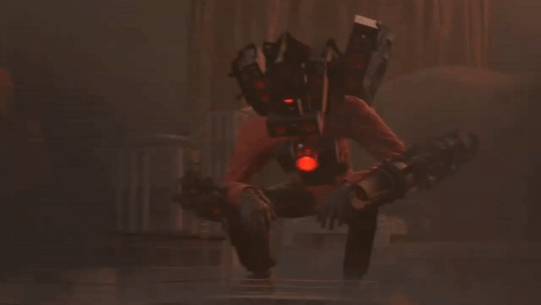 A Robot With Red Lights On Its Arms And Legs Is Standing In The Dark . GIF