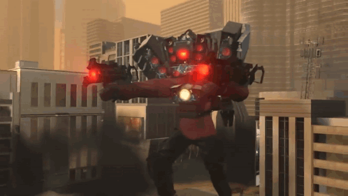 A Robot With Red Lights On Its Arms Is Standing In A City GIF