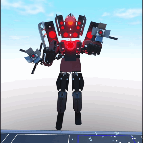 A Robot With Red Lights On Its Arms Is Standing On A White Surface GIF