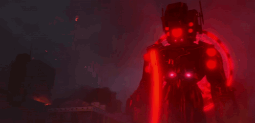 A Robot With Red Lights On Its Face Is Holding A Sword GIF