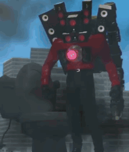 A Robot With Speakers On His Back Is Sitting In Front Of A City Skyline . GIF