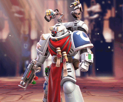 A Robot With The Letter C On It 'S Chest Is Holding A Gun GIF