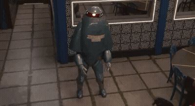 A Robot With The Word Zingbot Written On His Chest GIF
