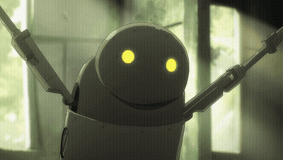 A Robot With Yellow Eyes Is Standing In A Room GIF